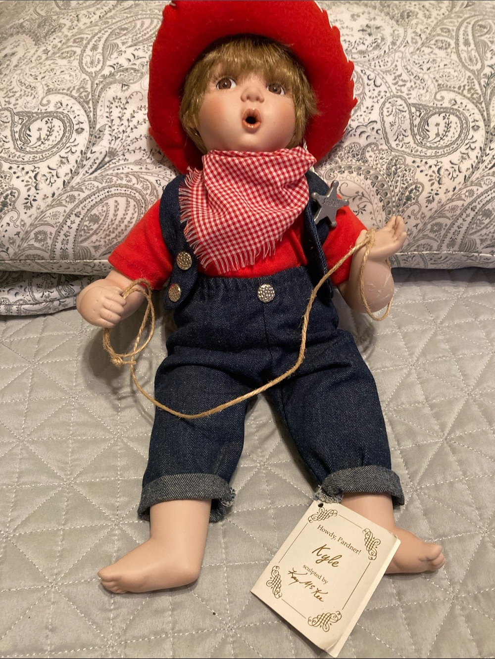 Kay McKee Red Cowboy porcelain Doll with Denim Overalls and Bandana -